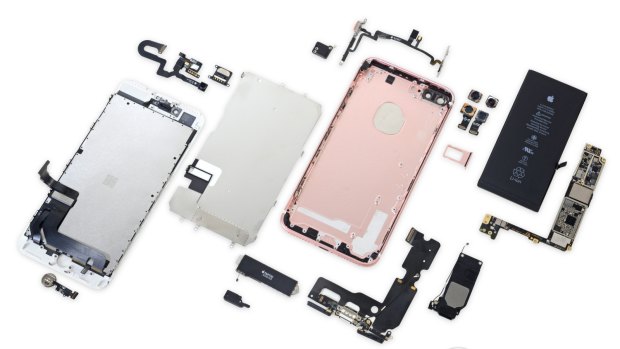 An exploded view of the iPhone 7 Plus, after iFixit's expert teardown.