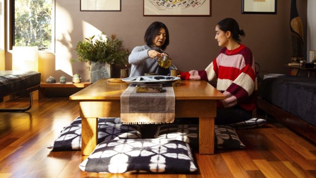 Mika Nishimura and daughter Aya in their Japanese-style living room in Turramurra, Sydney.