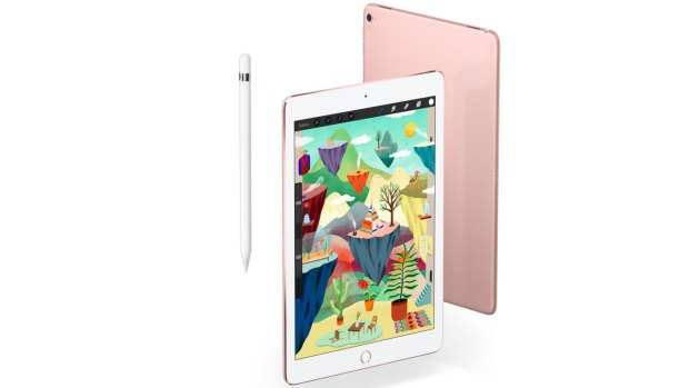 The new 9.7-inch iPad Pro in rose gold, with the Apple Pencil.