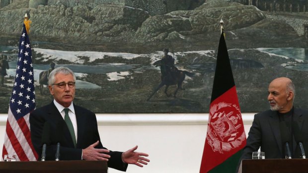 US Secretary of Defence Chuck Hagel speaks during a joint news conference with Afghan President Ashraf Ghani at the Presidential Palace in Kabul on Saturday. 