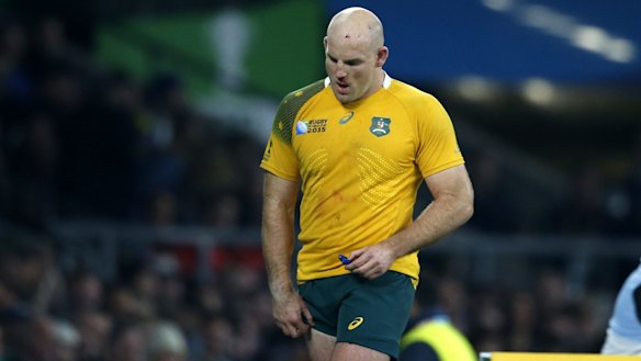 Australia's Stephen Moore leaves the field during the Rugby World Cup final between New Zealand and Australia at Twickenham Stadium, London, on Sunday.