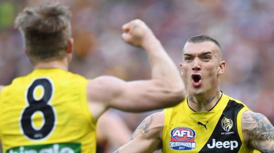A win for the ages: Jack Riewoldt (left) and Dustin Martin after Riewoldt kicked a goal.