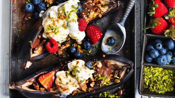 Adam Liaw's healthier baked banana and pistachio splits.