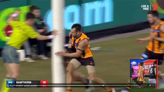 Hawthorn captain Luke Hodge bumps into Chad Wingard very close to the goalpost.