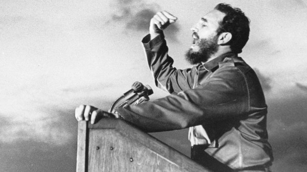 In full flight. Fidel Castro talking to the people in the early 1960s. The speeches lasted for hours.