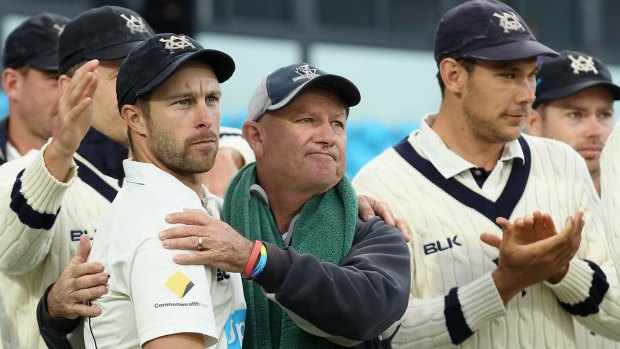 Winning ways: Coach Greg Shipperd (centre) celebrates a Sheffield Shield victory with the Victorian team in March this year.