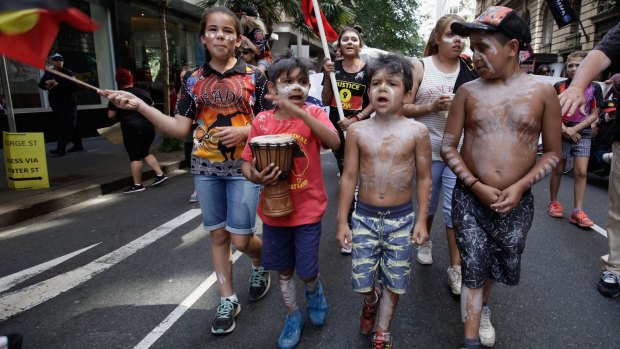 Aborginal children at a a Human Rights Day protest in Sydney.