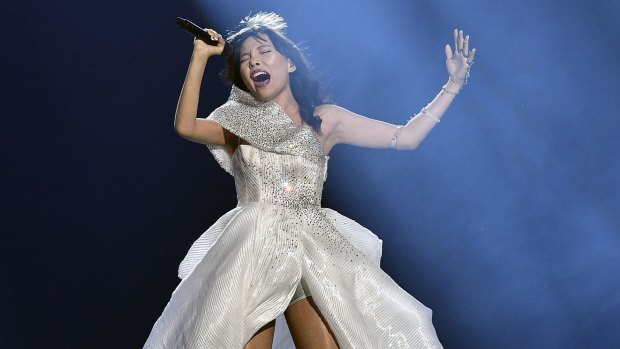 Australia's Dami Im performs the song Sound of Silence in her Steven Khalil gown.
