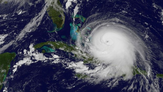 Satellite image taken on Thursday morning shows Hurricane Joaquin, which pounded lightly populated islands of the eastern Bahamas.