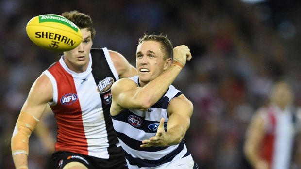 Troop carrier: Joel Selwood lead the Cats to another hard-fought win.