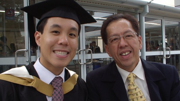 Curtis Cheng, who was shot dead outside Parramatta police headquarters, with his son Alpha.