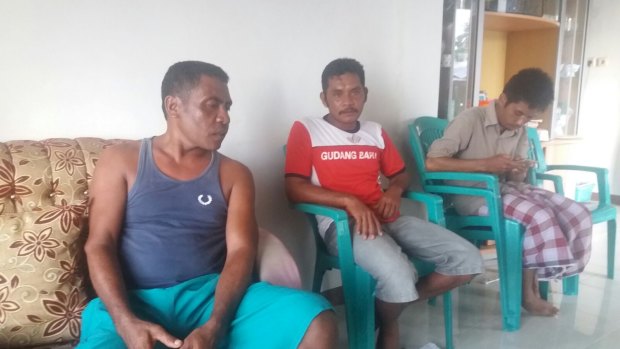 Three fishermen who helped return six Bangladeshi asylum-seekers and two alleged people smugglers to Indonesia. Gab Oma 39, left, Muhammad Hatta 35, centre, Hamzah, 29, right.