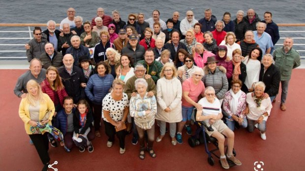 This photo provided by passenger Alejandro Mezcua shows a group of fellow Spaniards on board the Deliziosa Costa cruise ship.