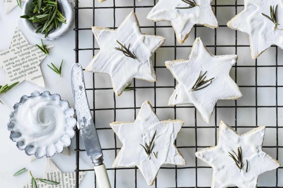 Decorate the cookies with a sprig of rosemary (pictured) or lavender.