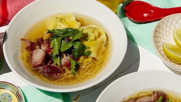 Mi sui cao (Prawn dumplings with egg noodles) from Jerry Mai's cookbook.