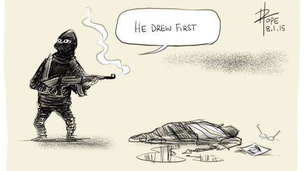 David Pope's cartoon on shootings at French newspaper <i>Charlie Hebro</i>.
