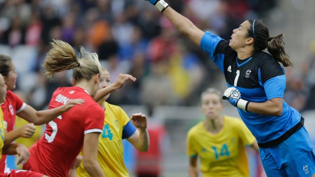 Custodian: Lydia Williams clears the ball against Canada during the 2016 Olympics.