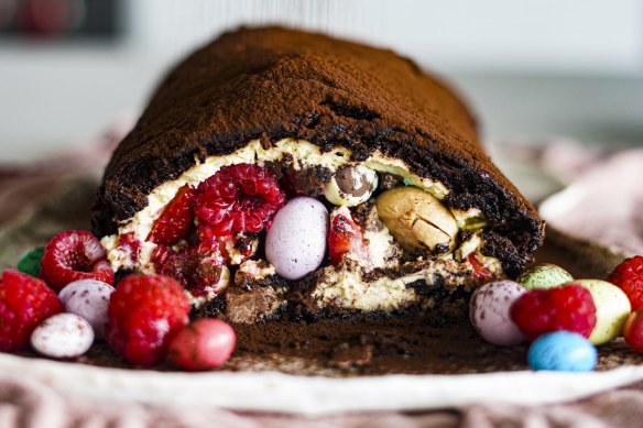 Chocolate meringue roulade, but make it Easter.