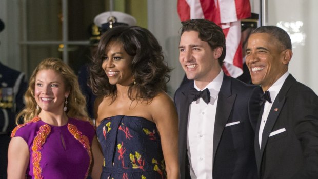 President Barack Obama and first lady Michelle Obama greet Canadian Prime Minister Justin Trudeau and Sophie Gregoire Trudeau at the White House in March. 