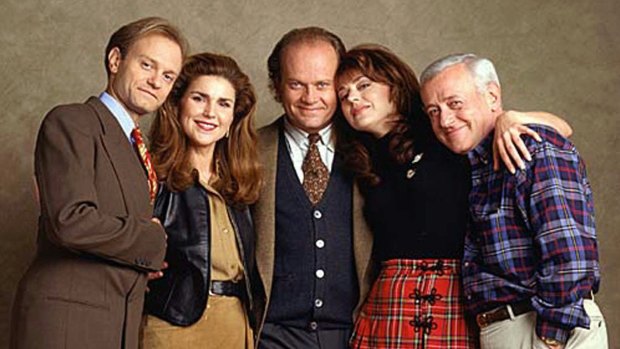 John Mahoney (right) with the cast of Frasier: (l-r) David Hyde Pierce, Peri Gilpin, Kelsey Grammer and Jane Leeves.