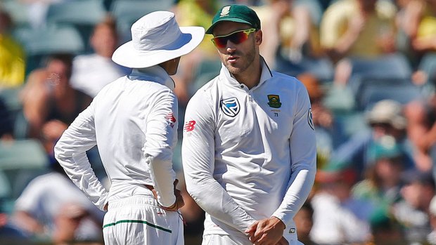 South Africa's captain Faf du Plessis, right, was approached by the umpires.