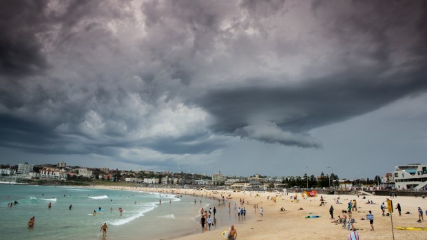 Storm clouds gather over Bondi on Sunday.