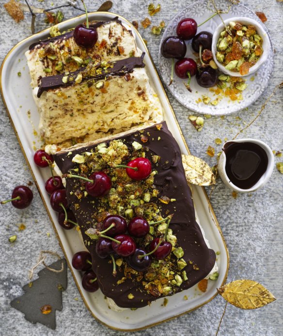 Choc-cherry semifreddo with pistachio praline.