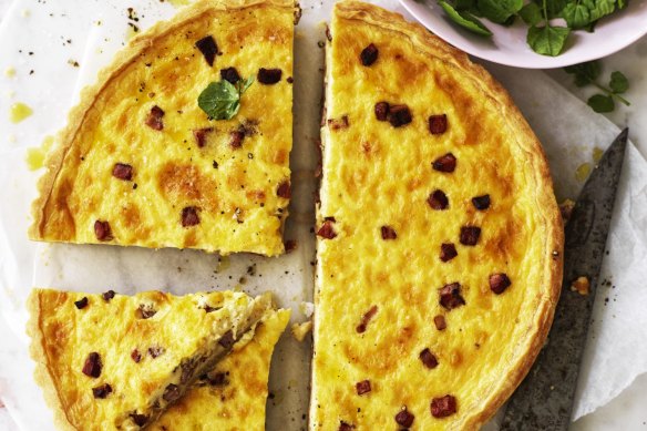 Quiche Lorraine topped with crispy bacon for extra pizzazz.