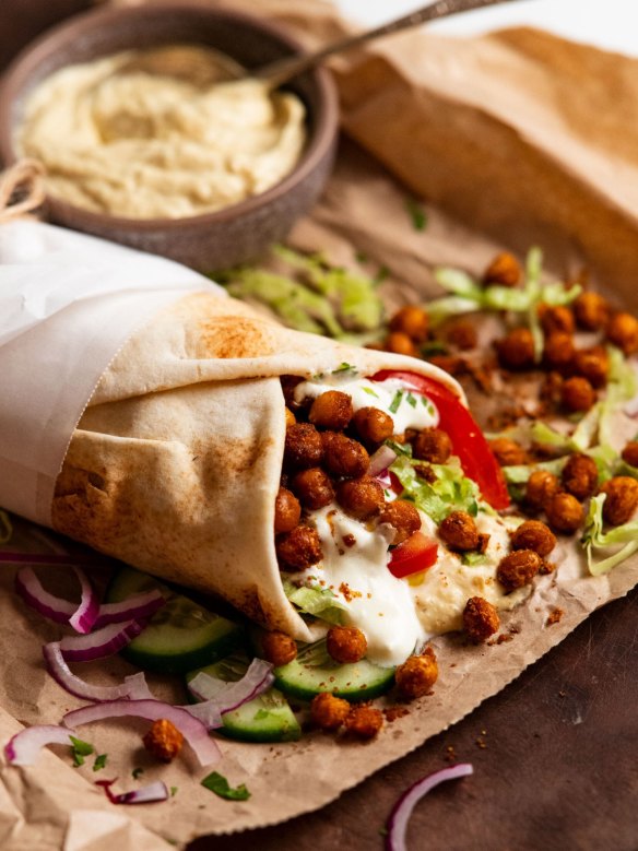 Crispy chickpea shawarma wraps with hummus.