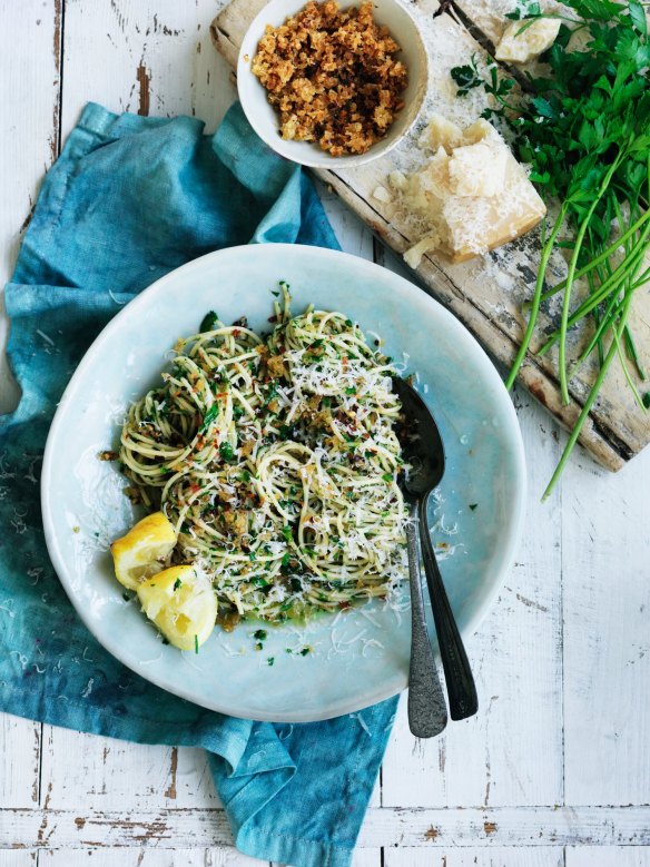 Neil Perry's spaghetti with garlic, pangrattato and parsley.