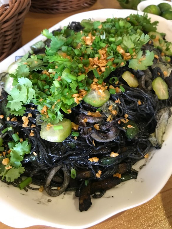 Pansit negra: squid ink noodles.