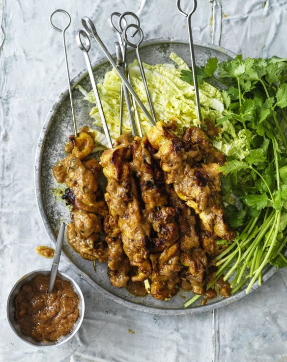 Chicken satay skewers.