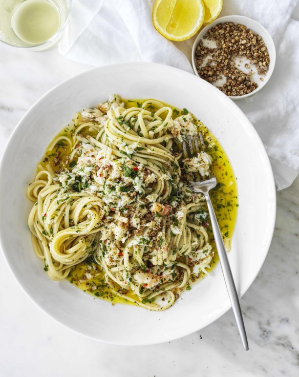 Perfect summer pasta: Linguine with spanner crab and coriander seeds.