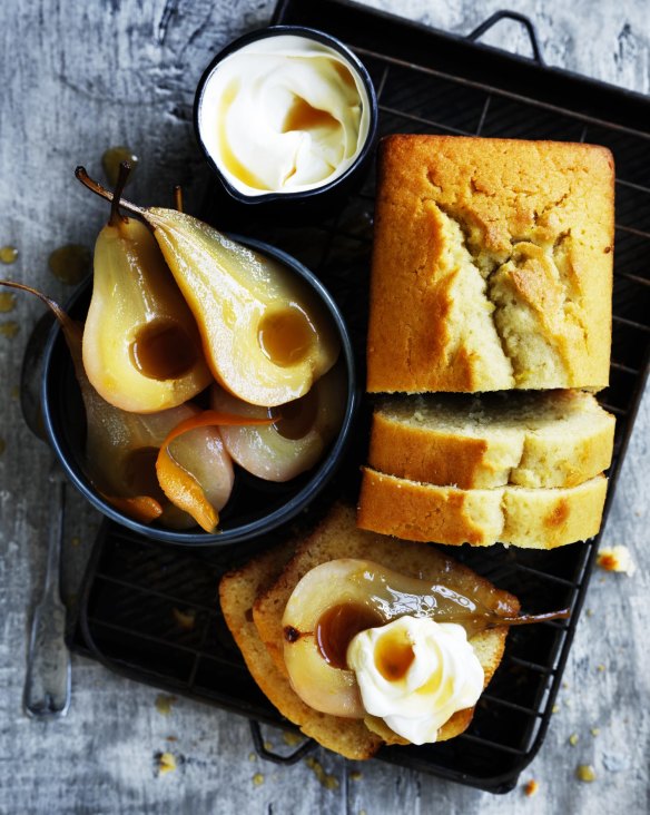 Olive oil and Sauternes cake with maple roasted pears.