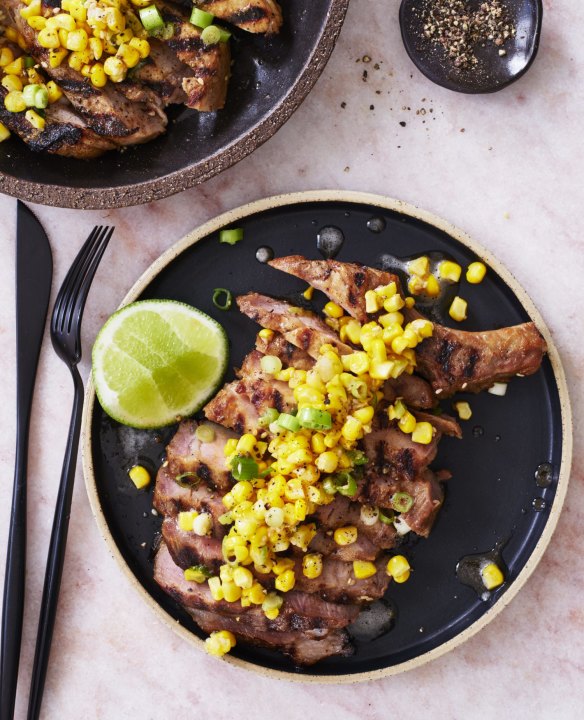 Miso-marinated pork cutlets with buttery corn.