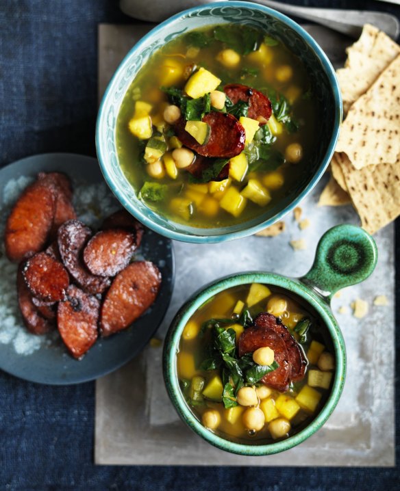 Neil Perry's Spanish-style chorizo, saffron and chickpea soup.