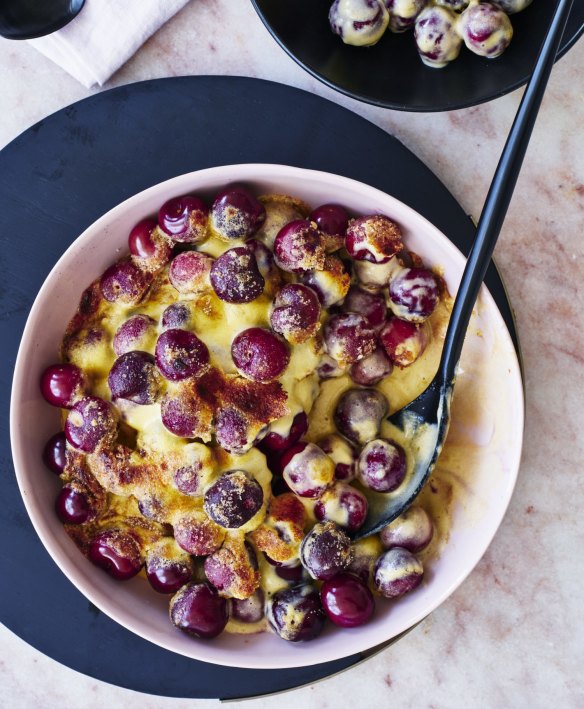 Grilled cherries with zabaglione.