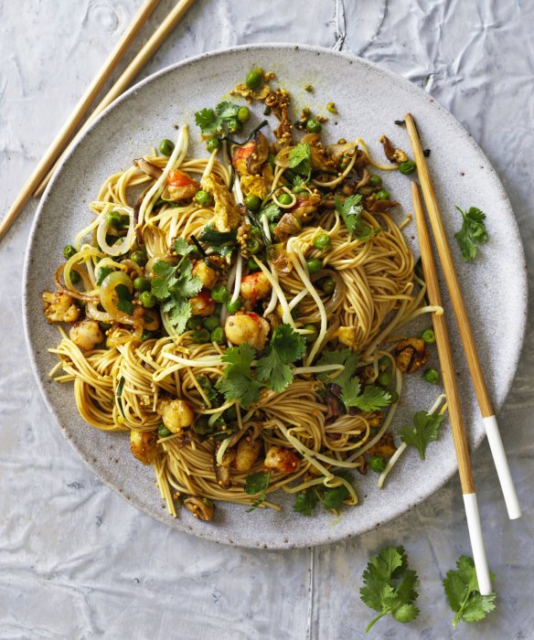 Karen Martini's noodles with curried prawn and egg.