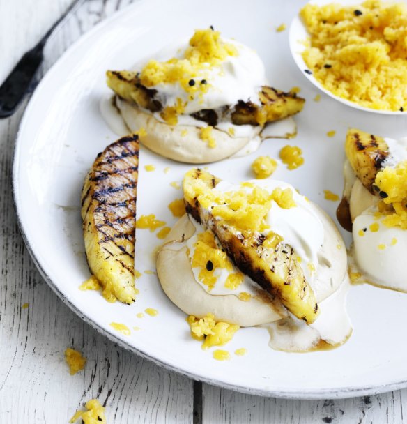 Tropical pavlova with barbecued pineapple.