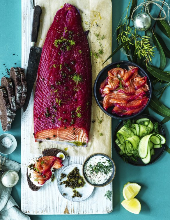 Beetroot cured salmon served with horseradish cream, rye bread and cucumber ribbons.