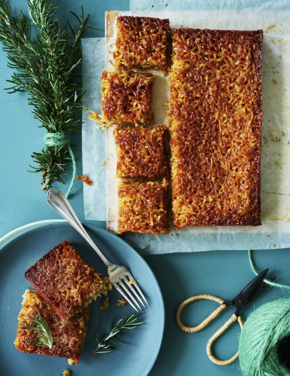 Anzac biscuit-inspired oat slice with coconut caramel topping.