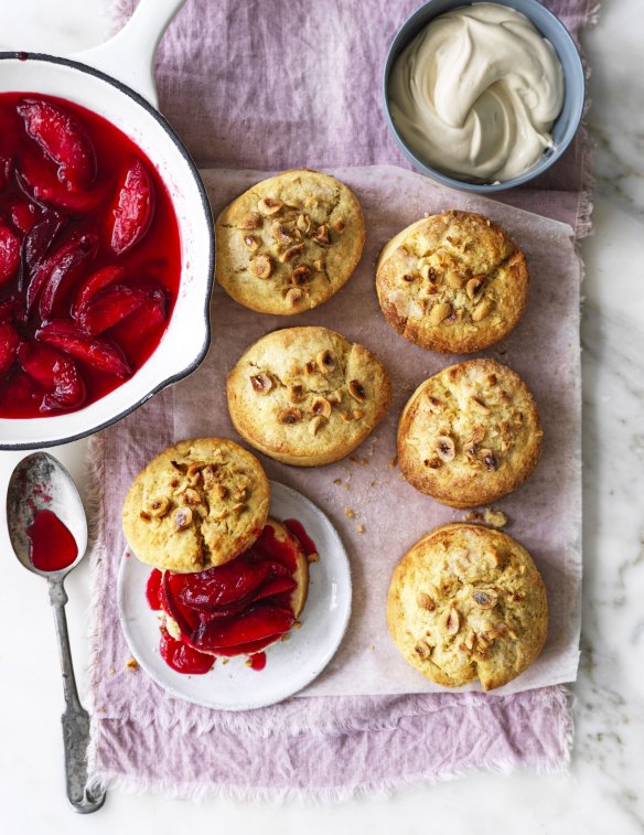 Hazelnut shortcakes sandwiched with brown sugar creme fraiche and plum compote.