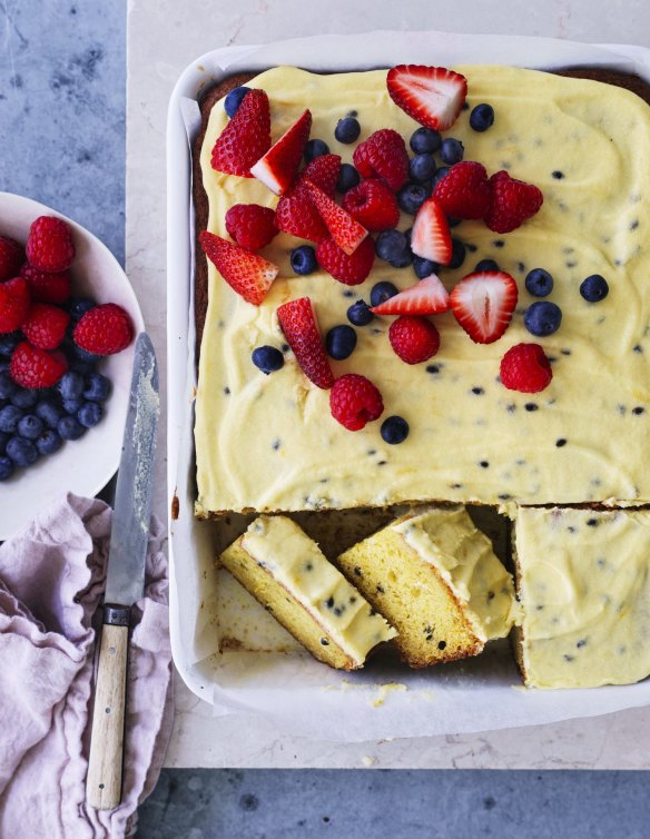 A portable traycake with passionfruit icing.