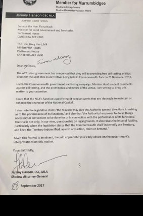 A letter dated September 28 from Jeremy Hanson to federal ministers Fiona Nash and Greg Hunt, obtained by The Canberra Times.
