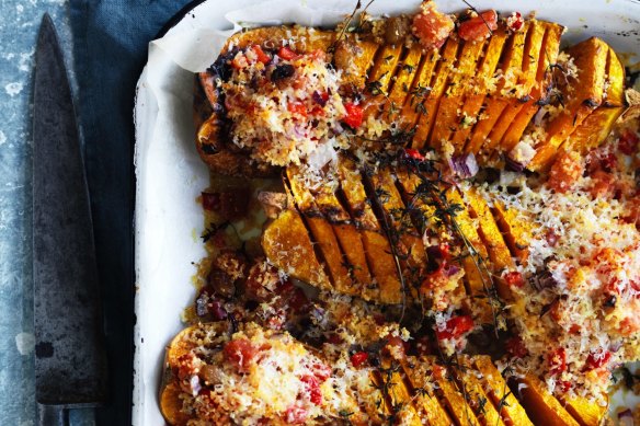 Butternut pumpkin wedges with cous cous and parmesan crust.