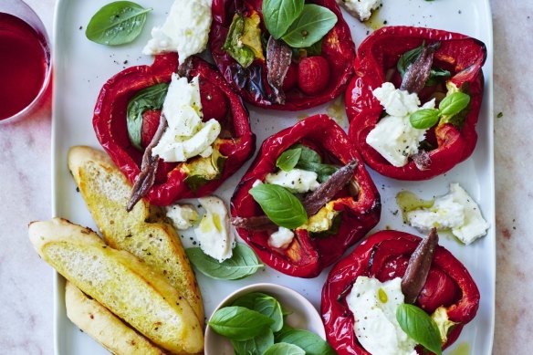 Italian-style capsicum halves topped with mozzarella, anchovy and basil.