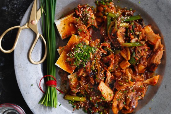 Pork belly and kimchi stir-fry with tofu.