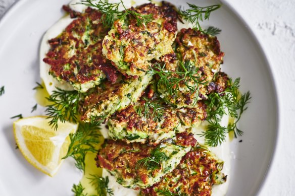 Zucchini and halloumi fritters with garlic yoghurt.