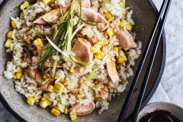 Adam Liaw's simple salmon and corn rice will please kids and adults alike.