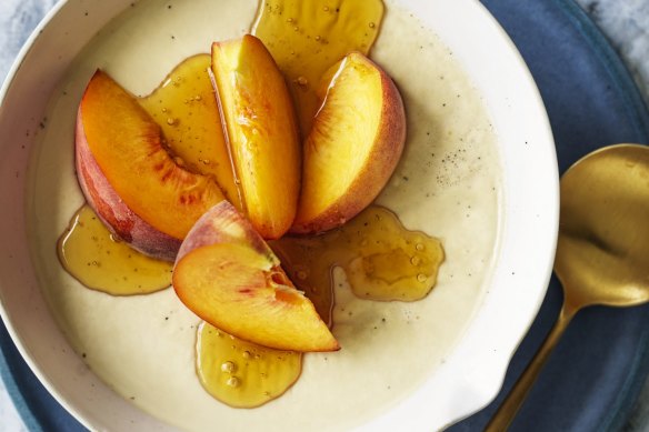 Milk and honey panna cotta with fresh peaches.